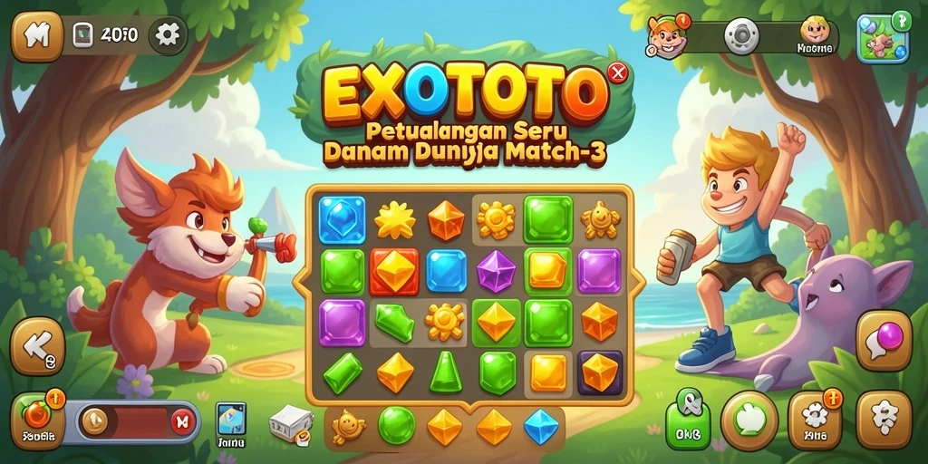 Screenshot gameplay EXOTOTO menampilkan keseruan mencocokkan elemen Match-3.