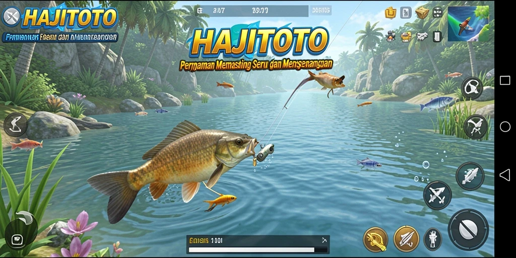 Gameplay HAJITOTO yang menampilkan aktivitas memancing yang seru.