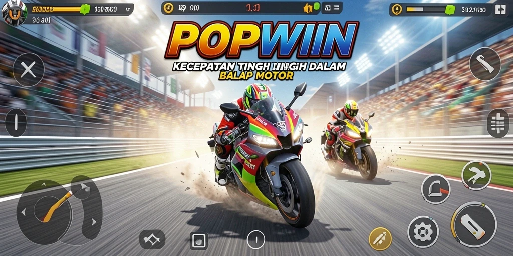 Screenshot utama POPWIN menampilkan aksi balap motor yang mendebarkan.