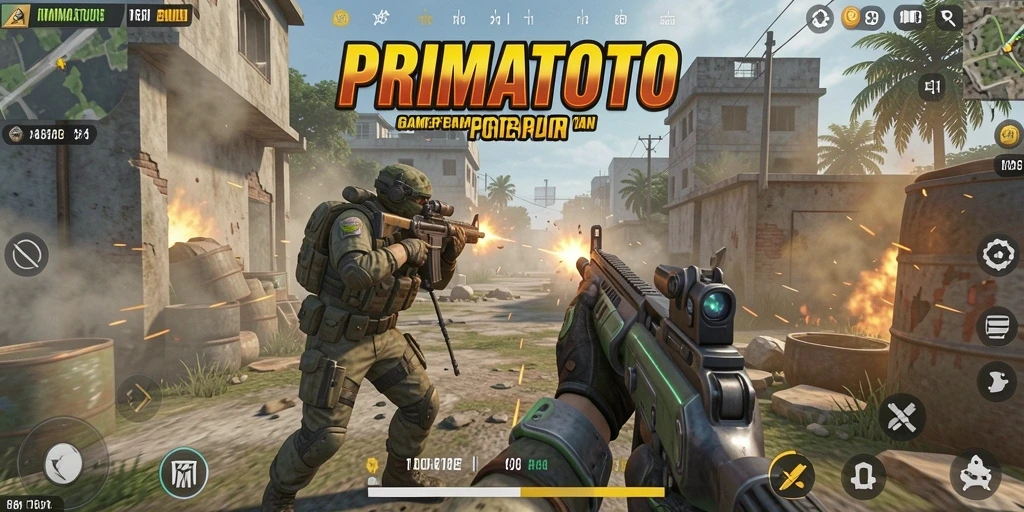 Tampilan gameplay PRIMATOTO dengan aksi tembak-menembak yang intens.