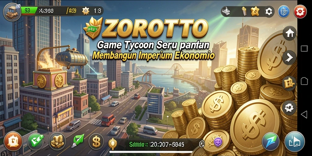Screenshot utama ZOROTOTO menampilkan aksi seru dalam membangun bisnis.